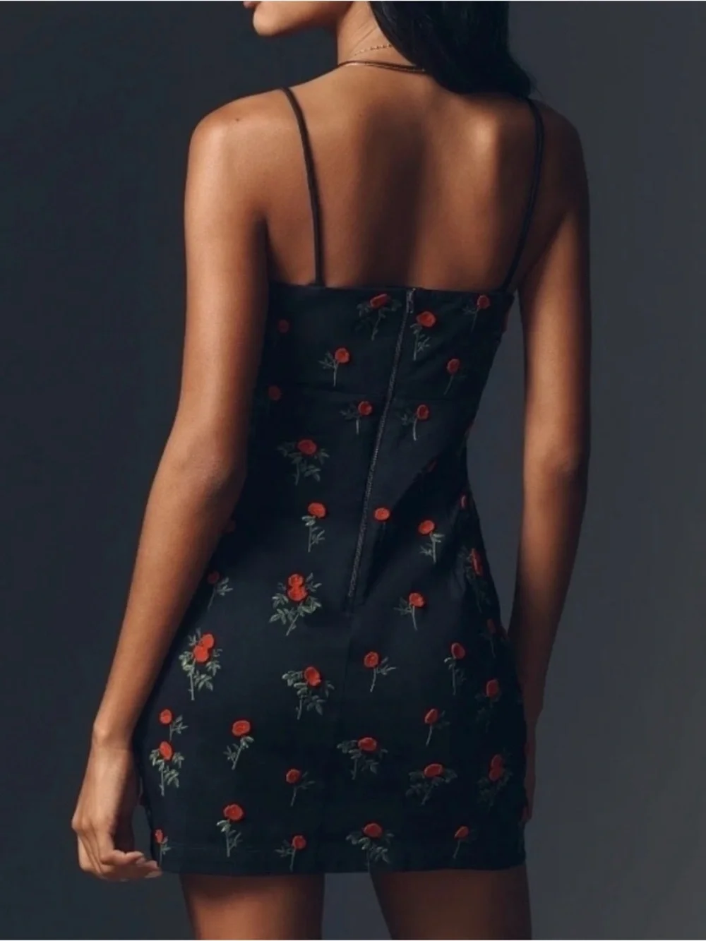 Anthropologie Black Mini Slip Dress with Red Rose Embroidery